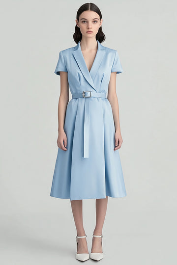 Sky Blue A Line Midi Dress with Belt